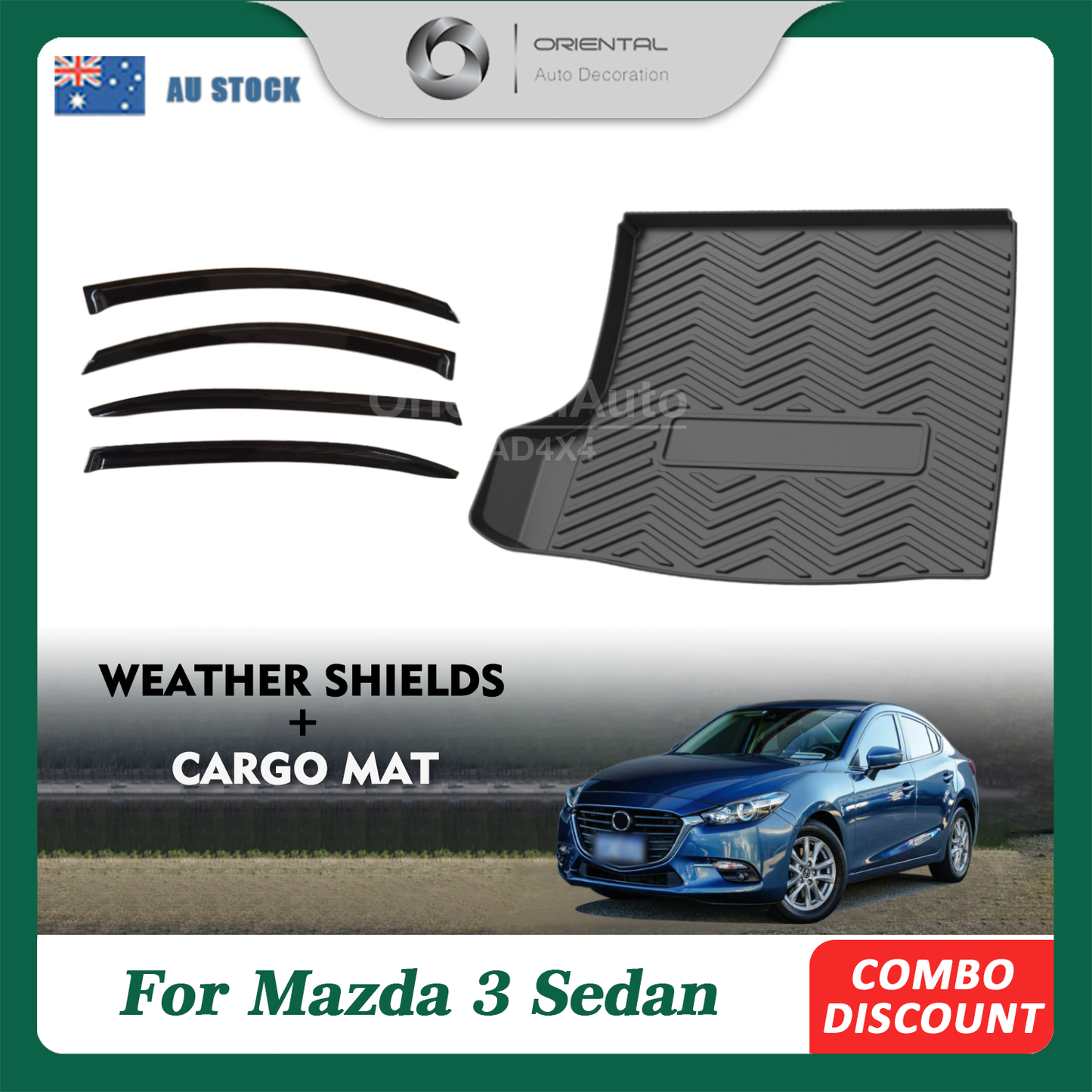 Injection Weather Shields & 3D TPE Cargo Mat for Mazda 3 BM BN Series Sedan 2013-2019 Weather Shields Window Visor Boot Mat