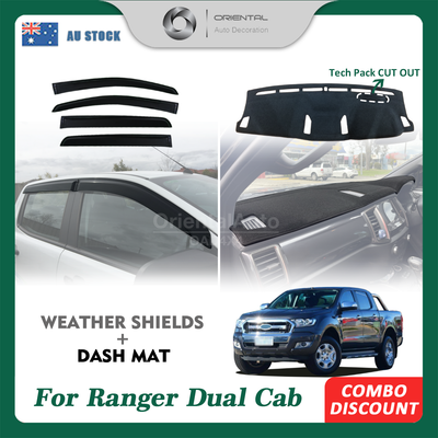 Injection Weather Shields & 3D Dash Mat For Ford Ranger Wildtrack / Raptor Dual Cab 2015-2022 Weathershields Window Visors + Dashboard Cover