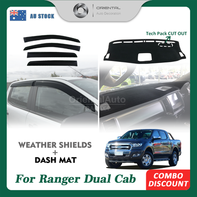 Injection Weather Shields & 3D Dash Mat For Ford Ranger XL/XLS/XLT/FX Dual Cab 2015-2022 Weathershields Window Visor + Dashboard Cover