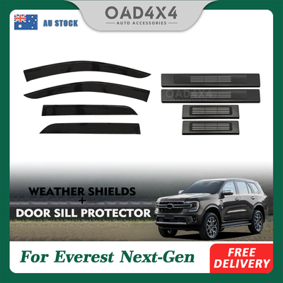 Injection Weathershields & Black Door Sill Protector For Ford Everest Next Gen 2022-Onwards Weather Shields Window Visor + Stainless Steel Scuff Plates