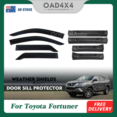 Injection Weathershields & Black Door Sills Protector for Toyota Fortuner 2015-Onwards Weather Shields Window Visor + Stainless Steel Scuff Plates
