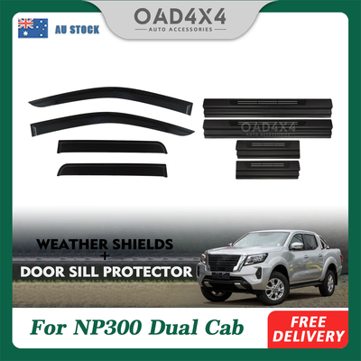 Injection Weather Shields & Black Door Sills Protector For Nissan Navara NP300 D23 Dual Cab Window Visors Weathershields + Scuff Plates