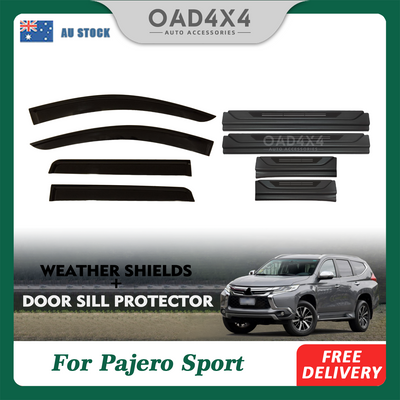 Injection Weathershields & Black Door Sills Protector For Mitsubishi Pajero Sport QE QF Series 2015-Onwards  Weather Shields Window Visor + Stainless Steel Scuff Plates