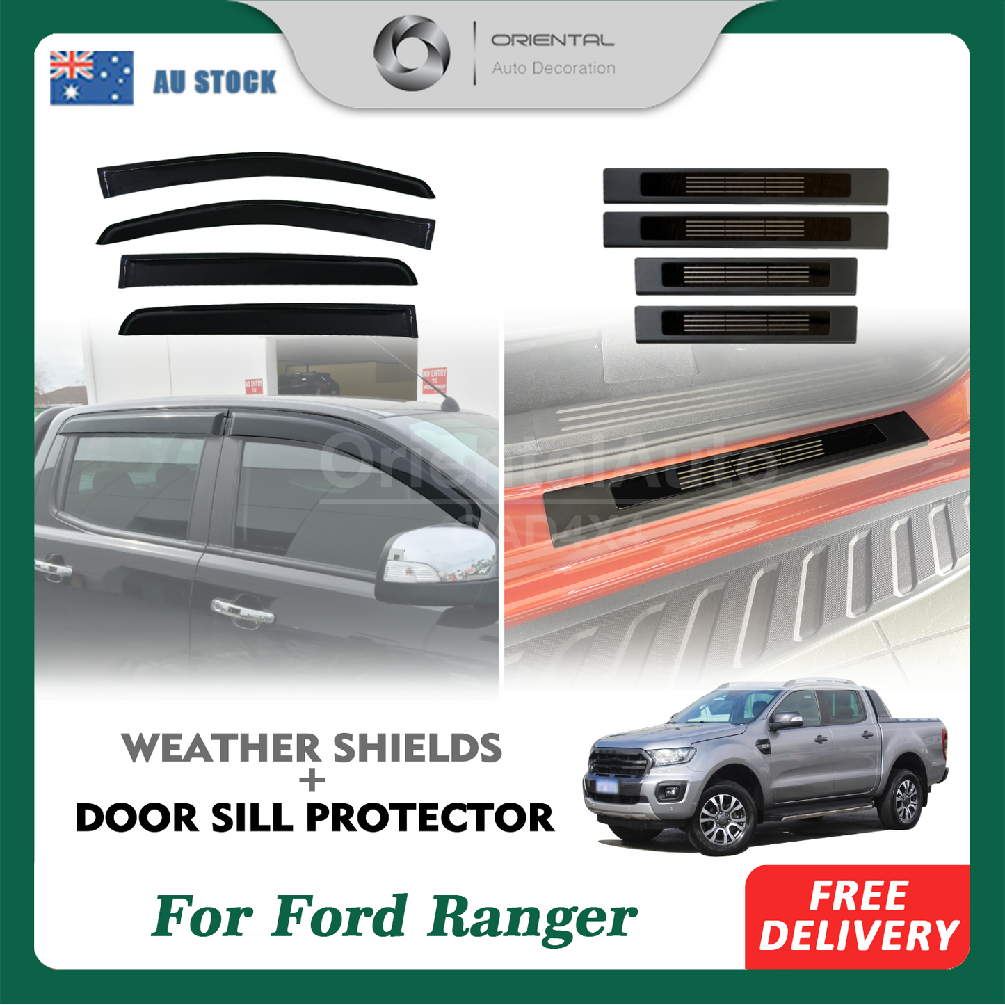 Injection Weather Shields & BLACK Door Sills Protector for Ford Ranger Dual Cab 2011-2022 Window Visors Weathershield Scuff Plates