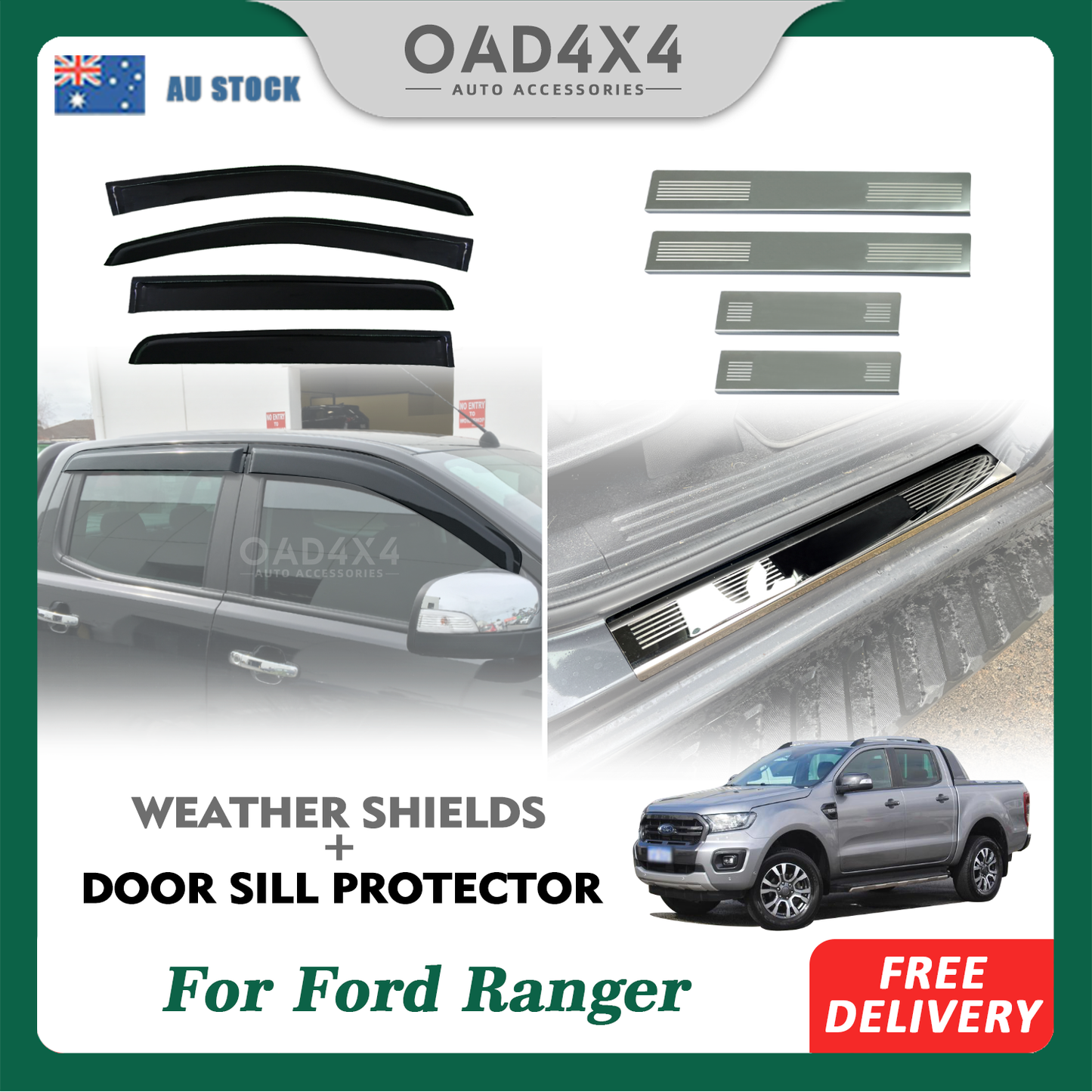 Injection Weather Shields & Stainless Steel Door Sills For Ford Ranger Dual Cab 2011-2022 Window Visors Weathershields Scuff Plates