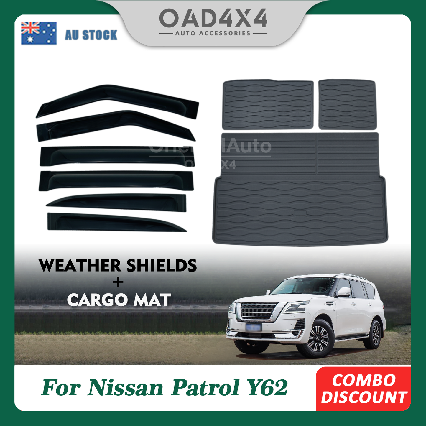 Widened Luxury 6pcs Weathershields & 3pcs Cargo Mat For Nissan Patrol Y62 2012-Onwards Weather Shields Window Visors + Trunk Mat Boot Liner