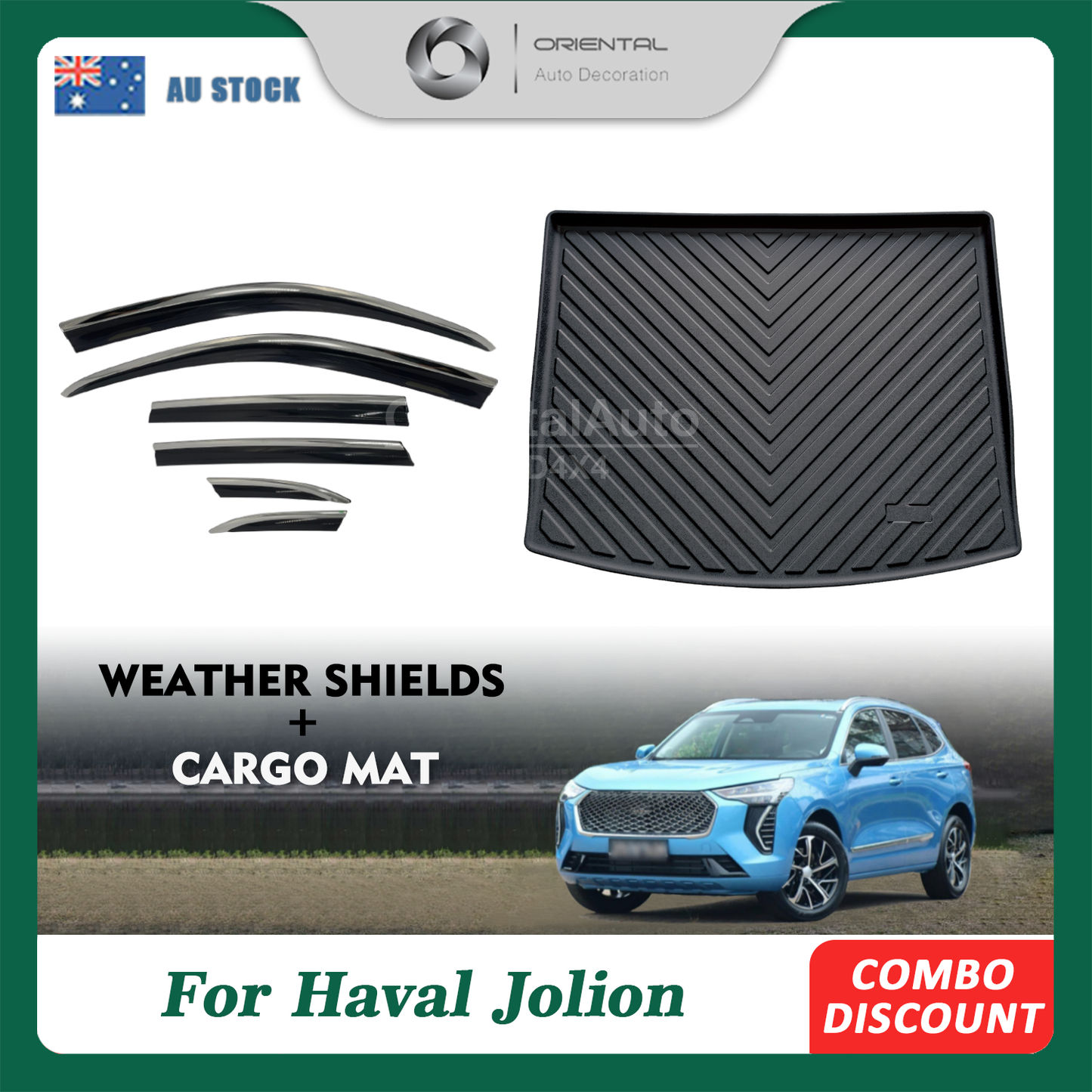 Injection Stainless Weathershields & 3D TPE Cargo Mat For Haval Jolion Hybrid 2021-Onwards Weather shields Window Visors + Cargo Mat Trunk Mat Boot Liner