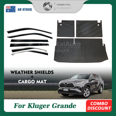 Injection 6pcs Stainless Weather Shields & 3D TPE Detachable Cargo Mat Boot Mat for Toyota Kluger Grande 2021-Onwards 3pcs Weathershields Window Visor