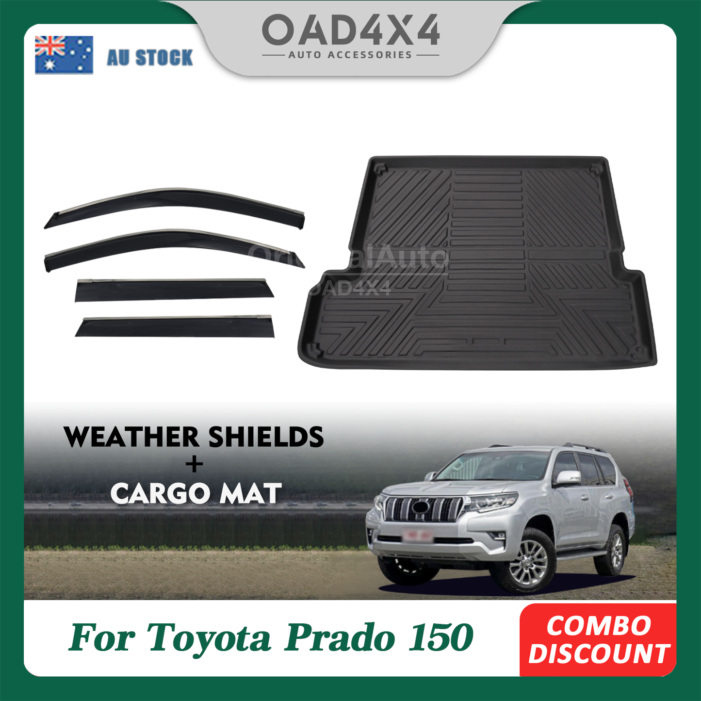 Injection Stainless Weathershields & 3D TPE Cargo Mat for Toyota Prado 150 2009-Onwards Weather Shields Window Visors Boot Liner Trunk Mat