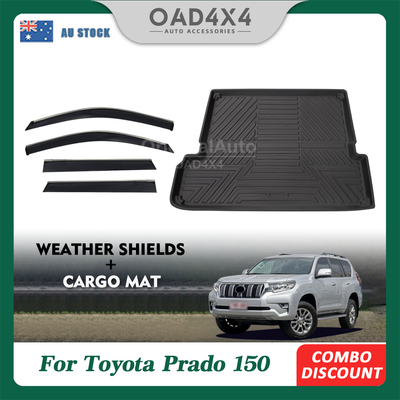 Injection Stainless Weathershields & 3D TPE Cargo Mat for Toyota Prado 150 2009-Onwards Weather Shields Window Visors Boot Liner Trunk Mat