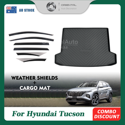 Injection 6pcs Stainless Weathershields & 3D TPE Cargo Mat for Hyundai Tucson 2021-Onwards Weather Shields Window Visor + Boot Mat Liner Trunk Mat
