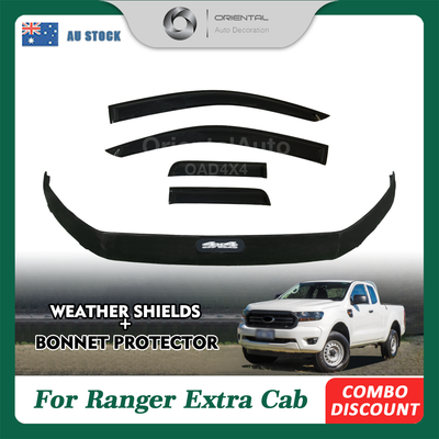 Injection Bonnet Protector & Premium Weathershield for Ford Ranger Extra Cab 2016-2022 4pcs Weather Shields Window Visor + Hood Protector Bonnet Guard