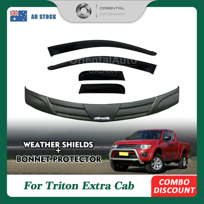Injection Bonnet Protector & Premium 4pcs Weathershield for Mitsubishi Triton Extra Cab 2006-2015 Weather Shields Window Visor + Hood Protector Bonnet Guard