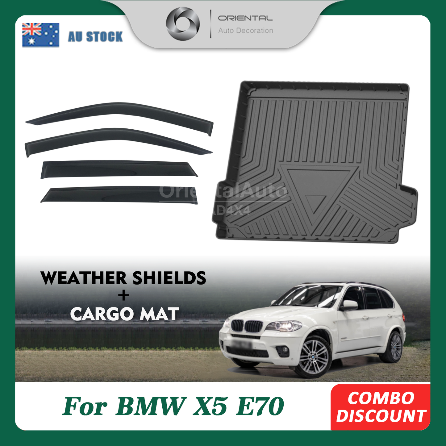 Premium Weathershields & 3D TPE Cargo Mat for BMW X5 E70 2007-2013 Weather Shields Window Visor Boot Mat