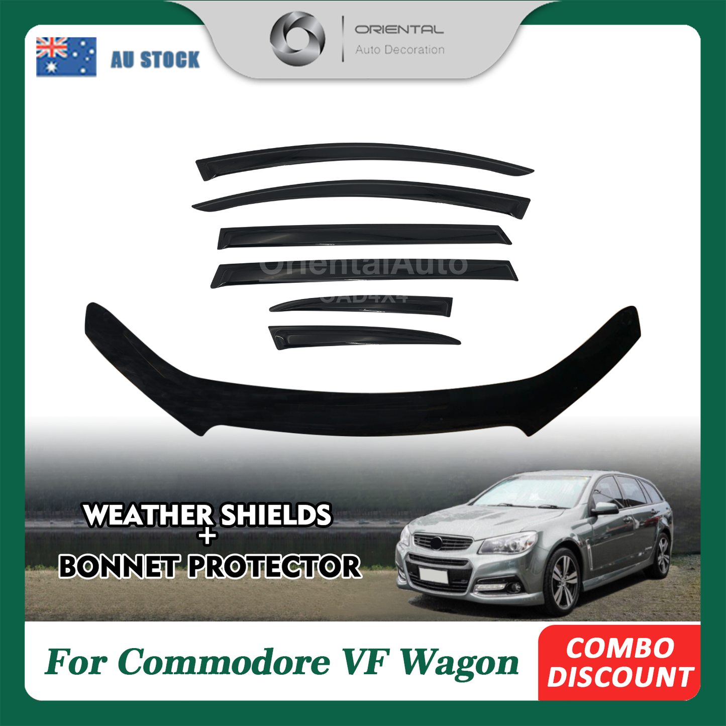 Bonnet Protector & Luxury 6pcs Weathershields Weather Shields Window Visor for Holden Commodore VF Wagon 2013-2016