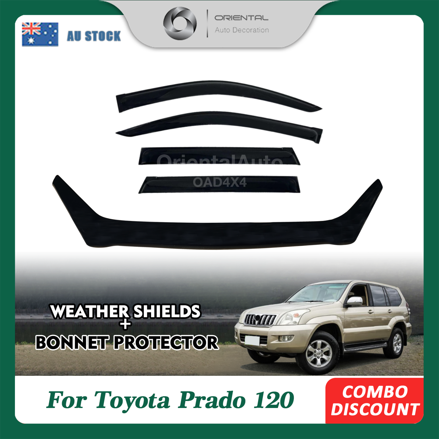 Bonnet Protector & Luxury Weathershields Weather Shields Window Visors for Toyota LandCruiser Prado 120 2003-2009