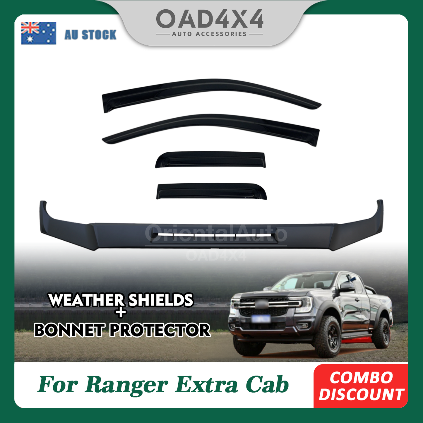 Injection 3pcs Bonnet Protector & Luxury Weathershields for Ford Ranger Extra Cab Next-Gen 2022-Onwards  Weather Shields Window Visor & Bonnet Guard