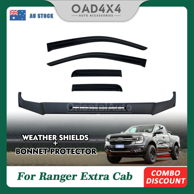 Injection 3pcs Bonnet Protector & Luxury Weathershields for Ford Ranger Extra Cab Next-Gen 2022+  Weather Shields Window Visor & Bonnet Guard