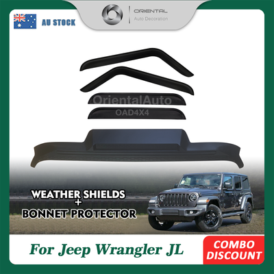 Injection Modeling Bonnet Protector & Luxury Weathershield for Jeep Wrangler JL Series 4D 2018+ Weather Shields Window Visor + Hood Protector Bonnet Guard