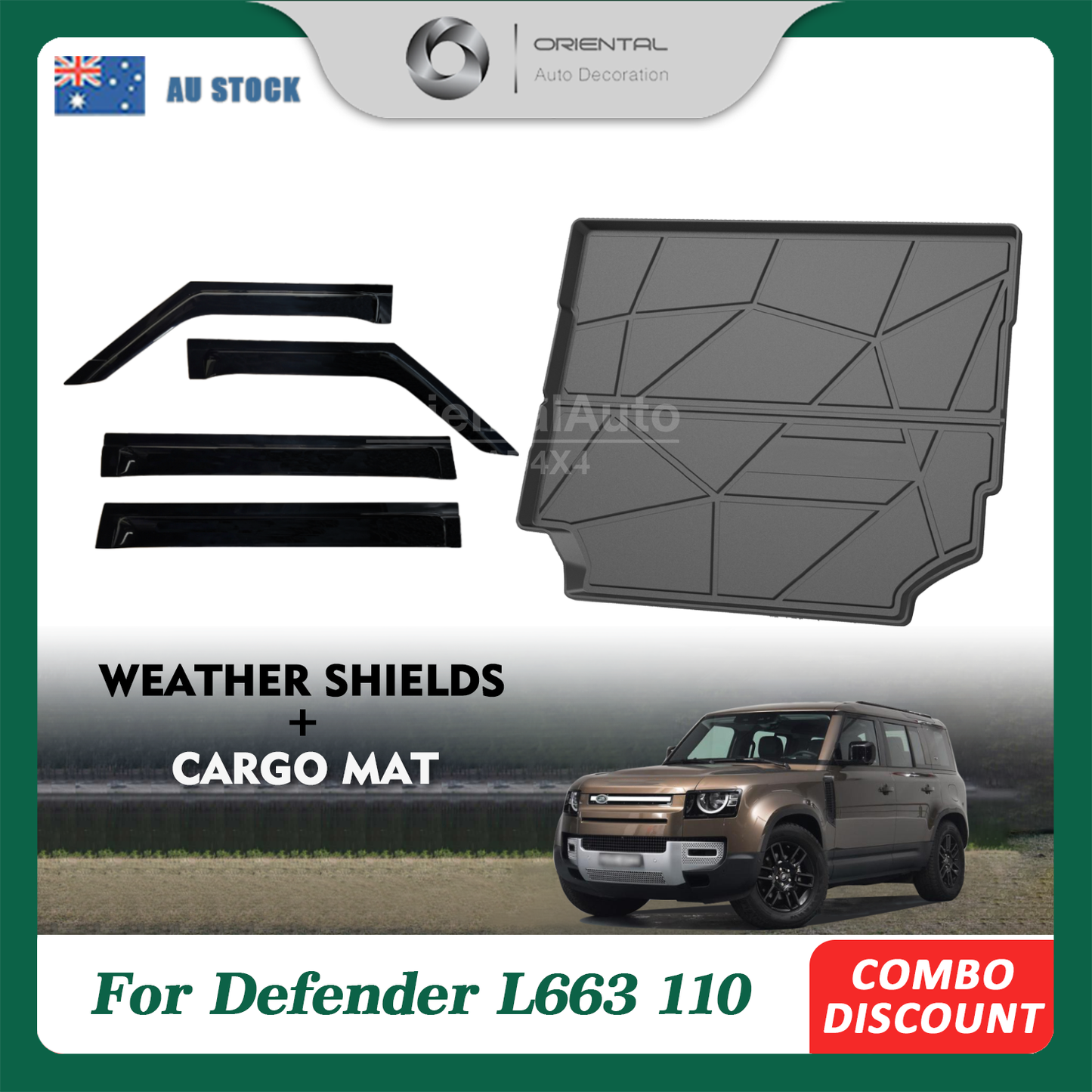 Widened Luxury Weathershields & 3D TPE Cargo Mat for Land Rover Defender L663 110 2020-Onwards Weather Shields Window Visor + Boot Mat