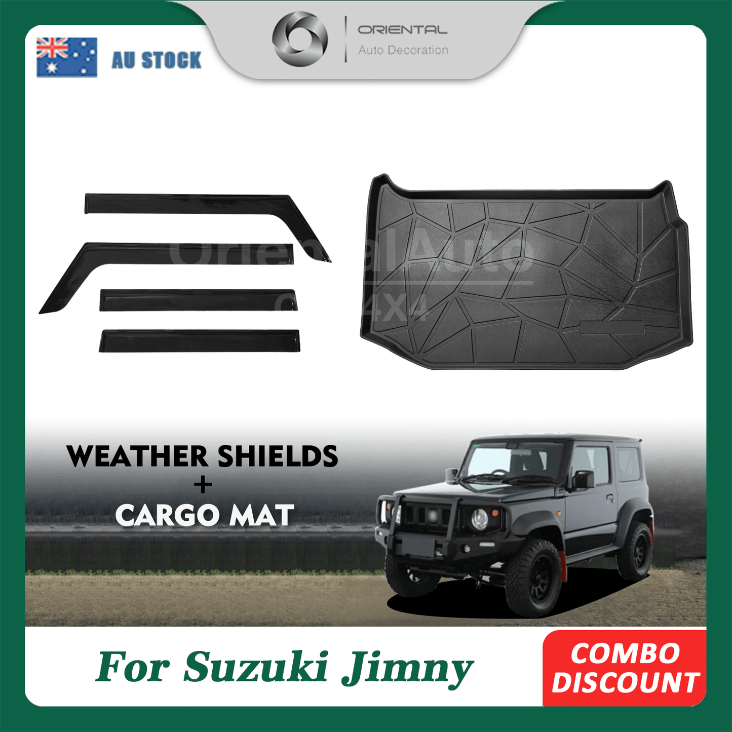 Luxury Weathershields & 3D TPE Cargo Mat for Suzuki Jimny 3 Doors 2018-Onwards Weather Shields Window Visor + Boot Mat Liner Trunk Mat