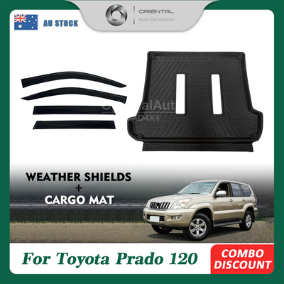 Luxury Weathershields & 3D TPE Cargo Mat for Toyota Prado 120 2003-2009 Weathershields Window Visor Boot Mat with Inner Rear Step Panel Covered