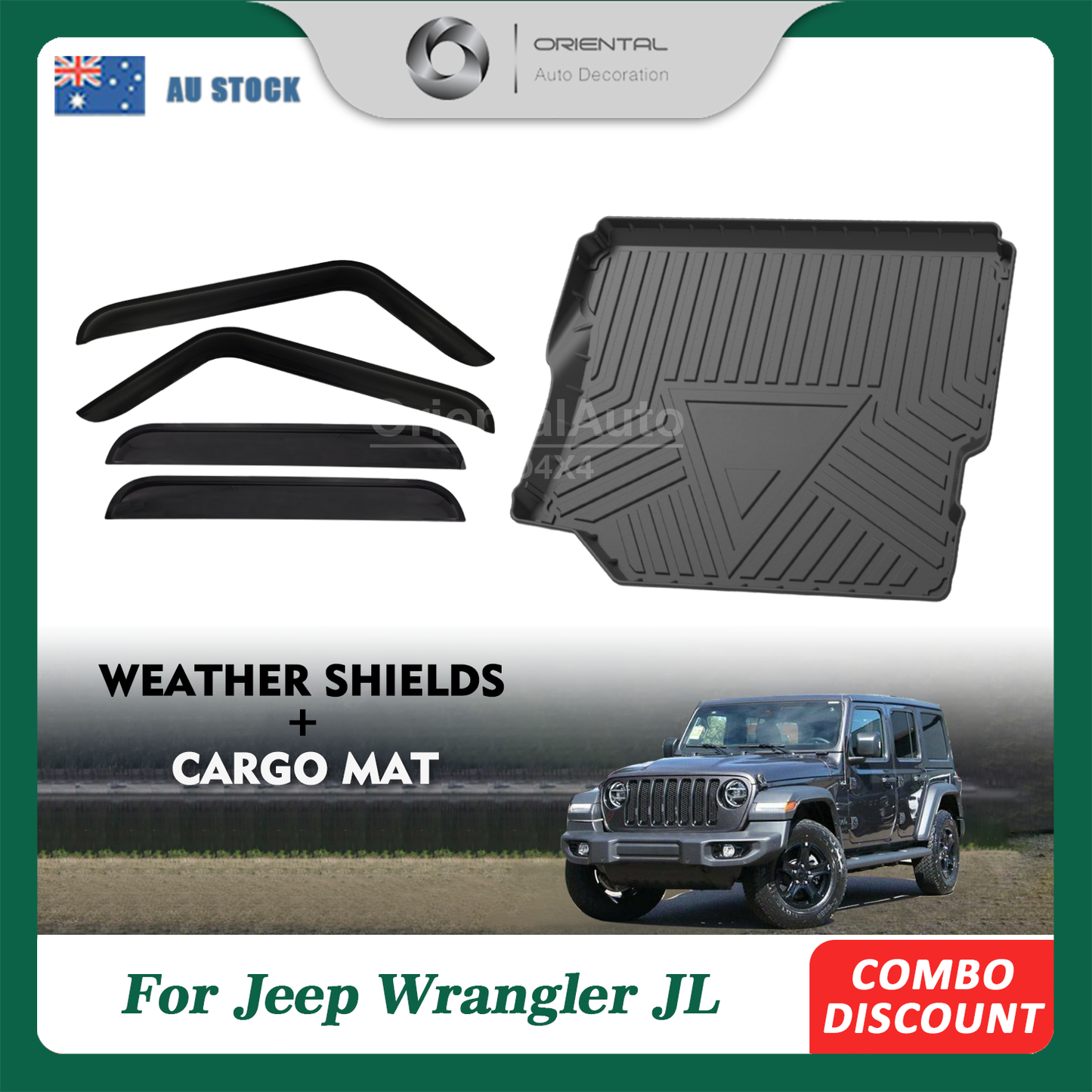 OAD Luxury Weathershields & 3D TPE Cargo Mat for Jeep Wrangler 4D 2018+ Without Factory Rear Subwoofer Weathershields Window Visor Boot Mat