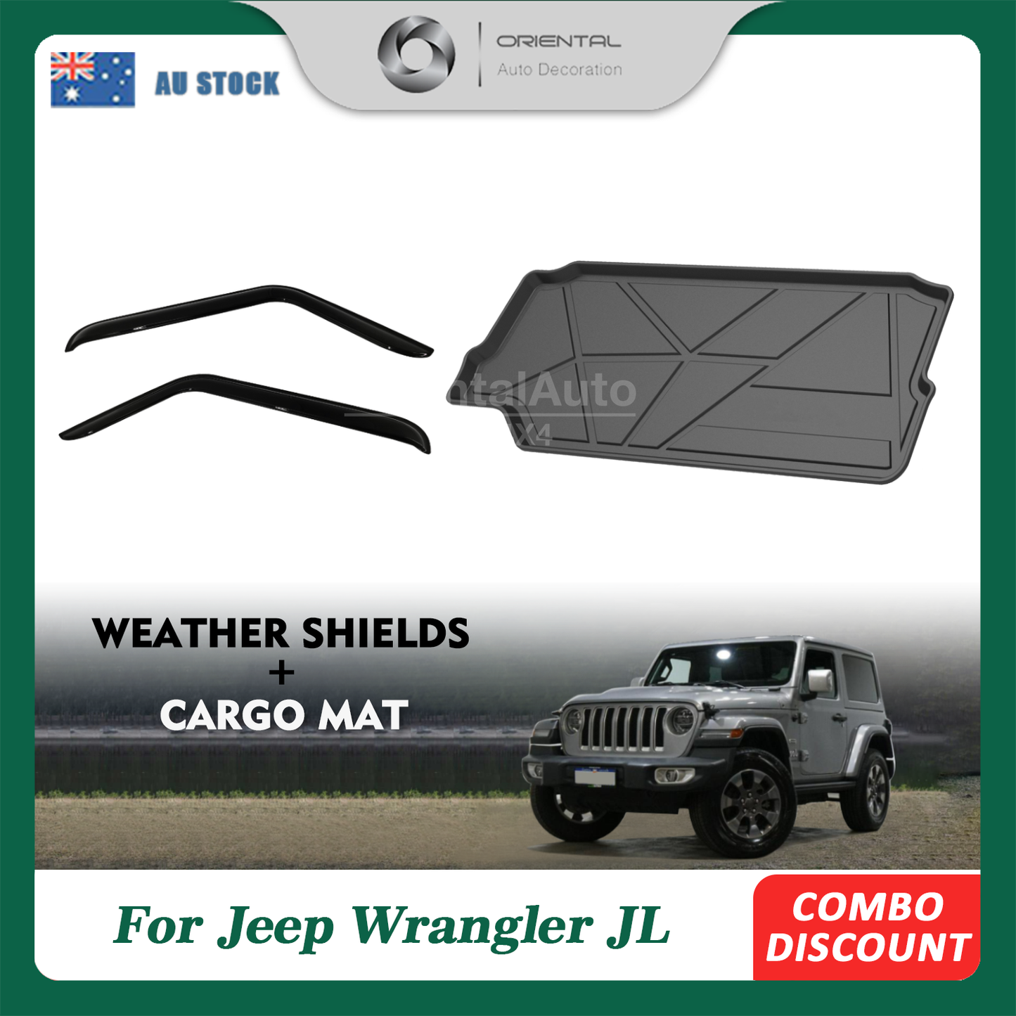 Luxury Weathershields & 3D TPE Cargo Mat for Jeep Wrangler 2Door JL 2018-Onwards Weather Shields Window Visor Boot Mat