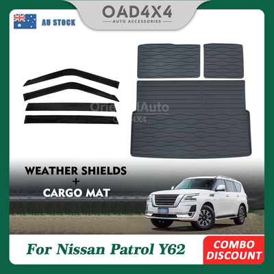 Luxury Weathershields & Detachable 3pcs Cargo Mat for Nissan Patrol Y62 2012+ Weather Shields Window Visors + Cargo Mat Trunk Mat Boot Liner
