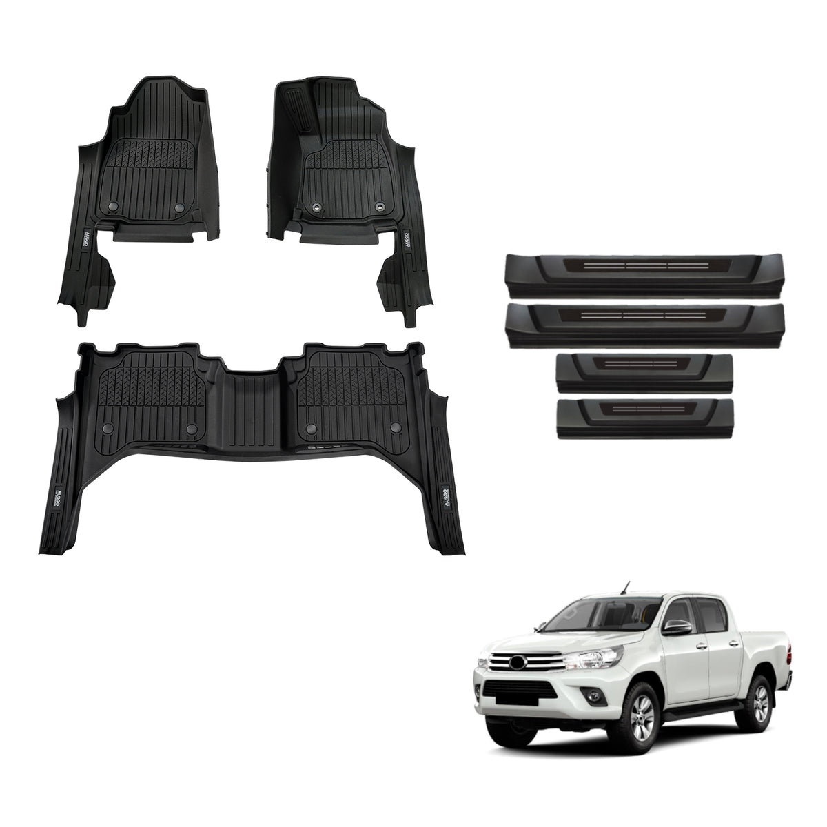 Injection 7D Floor Mats & Door Sill Protector for Toyota Hilux Auto Transmission Dual Cab 2015-2025