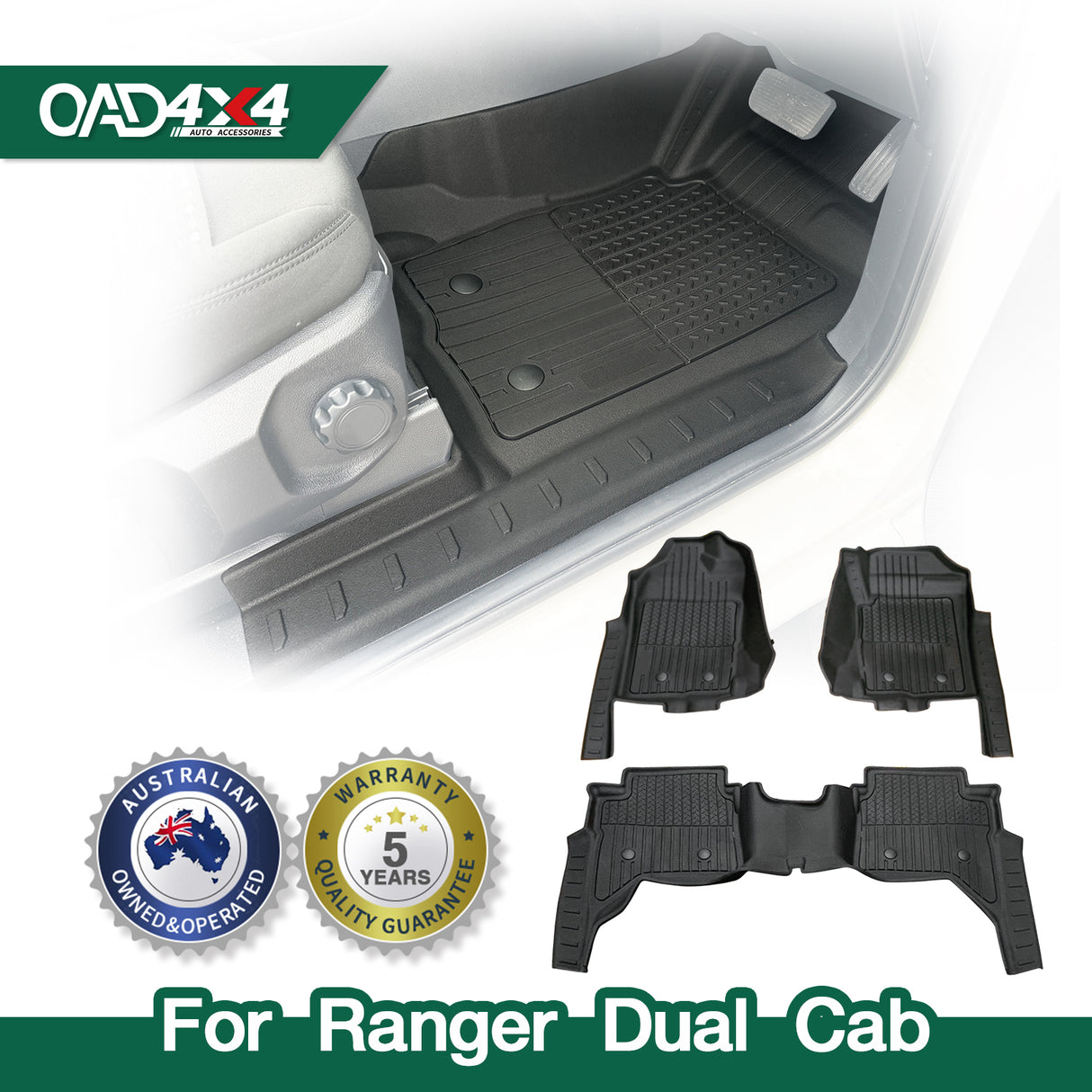 Injection 5D Car Floor Mats for Ford Ranger Dual Cab Next-Gen 2022-Onwards