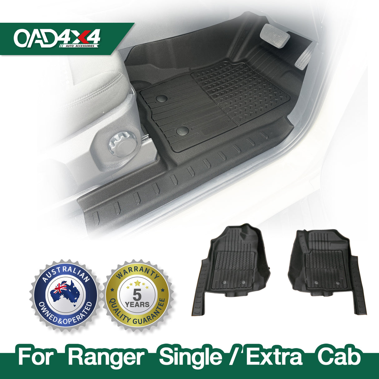 Injection 5D TPE Car Floor Mats for Ford Ranger Single / Extra Cab 2022-Onwards