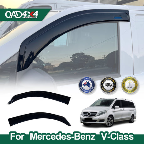Weather shields for Mercedes Valente/Vito/Marco Polo vans by OAD4X4, showing installed product on white vehicle window, separate shield pieces, and warranty badges.RetryClaude can make mistakes. Please double-check responses.