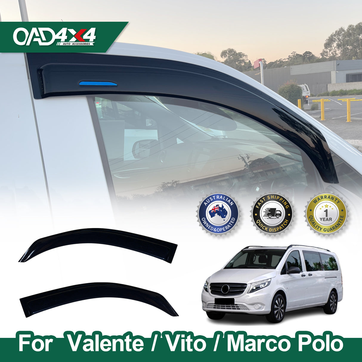 Weather shields for Mercedes Valente/Vito/Marco Polo vans by OAD4X4, showing installed product on white vehicle window, separate shield pieces, and warranty badges.RetryClaude can make mistakes. Please double-check responses.