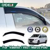 Weather shields for Mercedes Valente/Vito/Marco Polo vans by OAD4X4, showing installed product on white vehicle window, separate shield pieces, and warranty badges.RetryClaude can make mistakes. Please double-check responses.