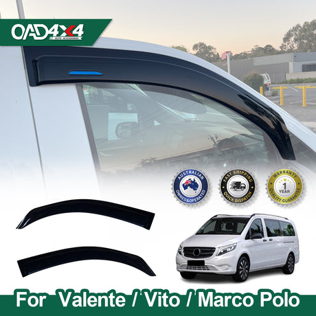 Weather shields for Mercedes Valente/Vito/Marco Polo vans by OAD4X4, showing installed product on white vehicle window, separate shield pieces, and warranty badges.RetryClaude can make mistakes. Please double-check responses.
